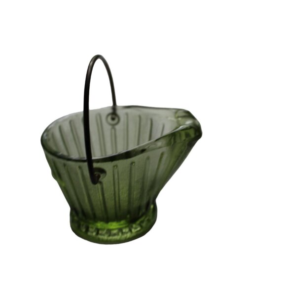 VTG Hazel Atlas Green Glass Miniature Coal Bucket Toothpick Holder Ashtray - Picture 9 of 10